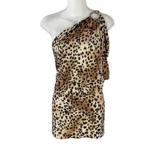 Cache leopard print one shoulder blouson jersey stretch dress Small S VV5